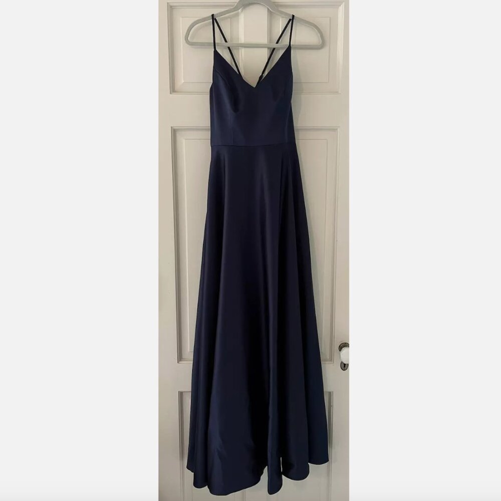 Navy Blue Satin A-Line Bridesmaid/Prom Floor Length Gown, Sleeveless & Pockets